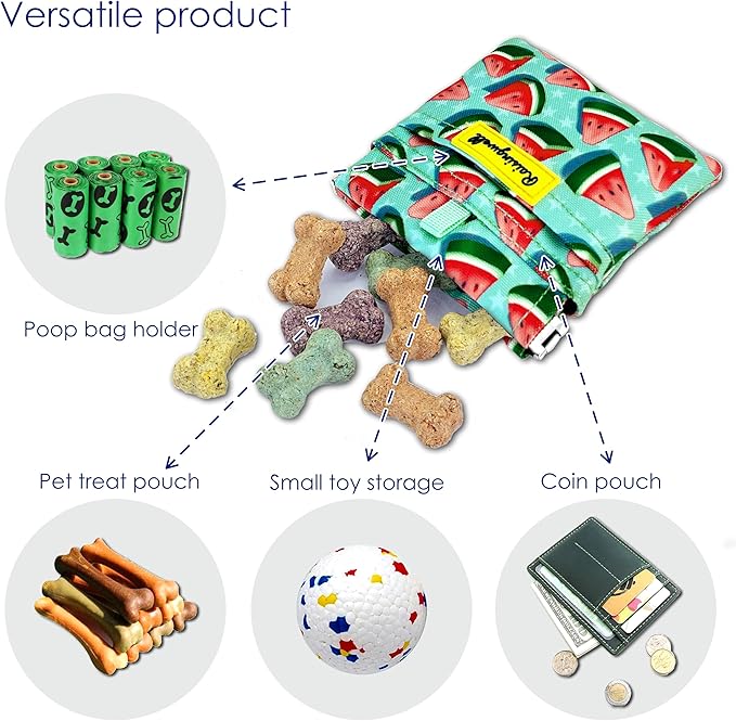 Dog Treat Pouch,Cotton Pocket Sized Training Holder, Hand Free Walking Funny Bag with Carabiner, Self-Closing Pet Feed Snack Reward, Behavior Aids for Puppy Travel or Outdoor Use（Watermelon）-PawvioPets