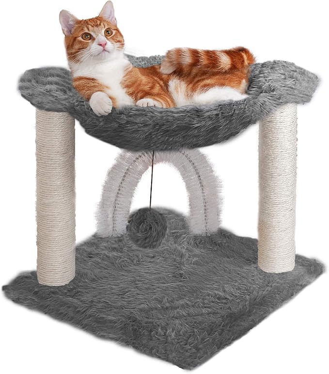 Furhaven 15.75" Tall Playground for Indoor Cats, Ft. Sisal Scratching Posts, Self-Grooming Brush, & Toy - Tiger Tough Hammock Interactive Playground - Silver, One Size-PawvioPets