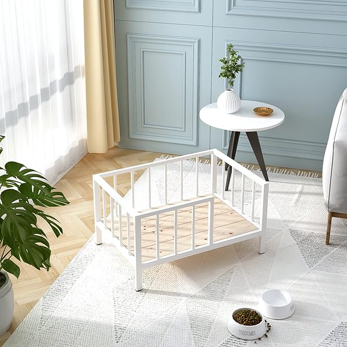 Dog Bed with Rails - Elevated Pet Metal Bed Frame with Solid Wood Board and Washable Soft Mat for Small Dog Indoor or Outdoor Use, 21.3" x 30 ", White-PawvioPets