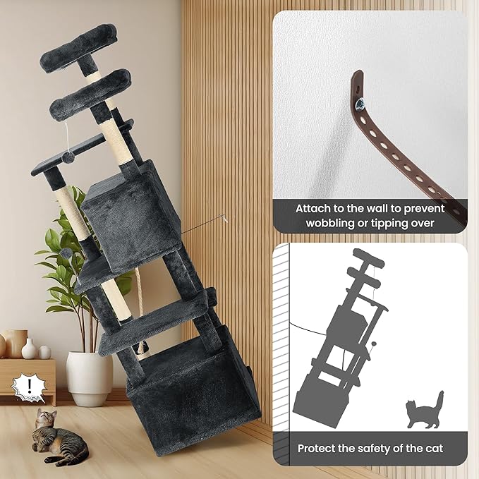 69in Large Cat Tree Tower for Indoor Cats with Soft Plush Hang Ball, Two Condos, Sisal Scratch Posts & Rope Play for Kittens/Adult Cats, Deep Grey-PawvioPets