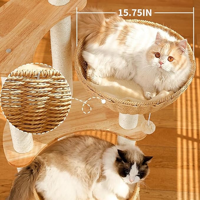 54" Modern Cat Tree Tower for Indoor Cats, Oak Cat Scratching Tree for Multiple Large Cats, Manual Hand Woven Luxury Cat Condo, Unique High-end Design Cat Furniture Activity Centre, Easy Clean-PawvioPets