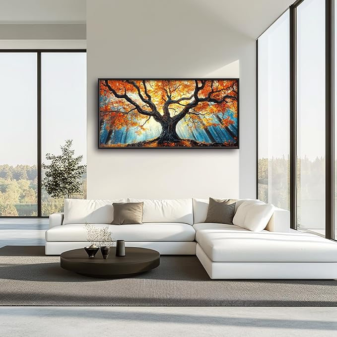 Extra Large Tree of Life Framed Wall Art for Living Room,Fall Autumn Forest Sunrise Landscape Pictures Wall Decor,Nature Canvas Print Painting Modern Artwork Bedroom Office Bathroom 60L" x 30W"-PawvioPets