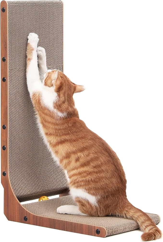 FUKUMARU Cat Scratcher, 26.8 Inch Cat Scratch Pad for Indoor Cats, L Shaped Cardboard Vertical Cats Scratching Board with Ball Toy, Walnut Color, 1 Pack-PawvioPets