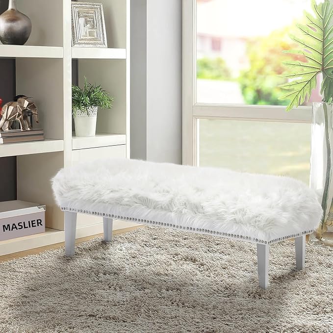 46 Inch White Bedroom Bench, Modern Multi-Purpose Bench with Wooden Legs, White Faux Fur Upholstered Bench for Bedroom, Living Room, or Entryway-PawvioPets