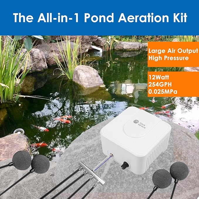 AquaMiracle All-in-One Koi Pond Aerator for Outdoor Ponds up to 3000 Gallons, Pond Air Pump Pond Aeration System with 4-Outlet Manifold Airline Tubing Air Stones Check Valves-PawvioPets