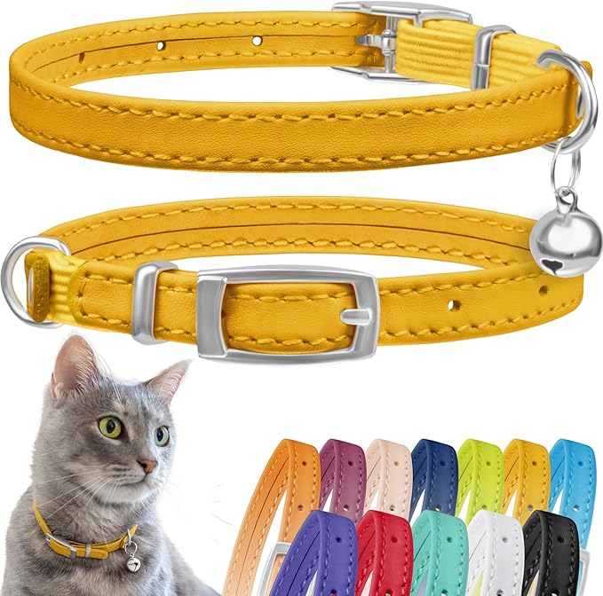 CollarDirect Leather Cat Collar with Removable Bell – Safety Kitten Collar with Elastic Strap (Yellow, 15 - 18 cm)-PawvioPets