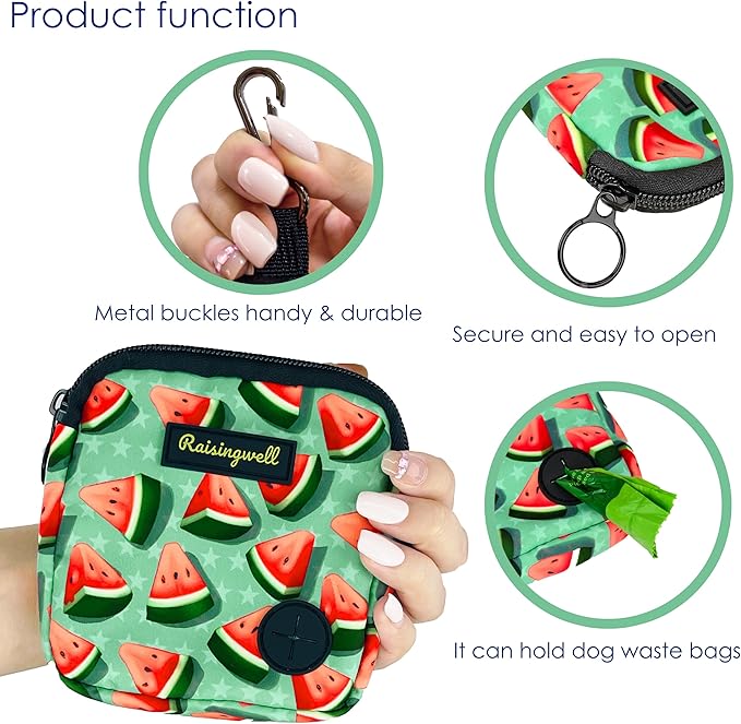 Dog Treat Pouch for Pet Walking and Training with Clicker Poop Bags Small Fanny Zipper Pack Holder for Puppy Snack Dispenser Kit for Leash and Outdoor Use (Watermelon)-PawvioPets