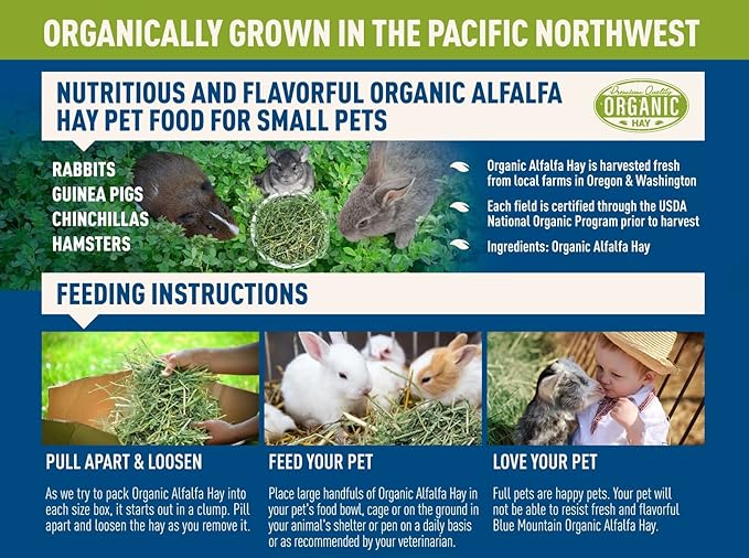 Blue Mountain Hay High-Altitude Hay - Organic Alfalfa, 10lb - High Protein, Fiber & Mineral-Rich - Soft, Leafy, High Leaf Retention - Ideal for Goats, Rabbits, Guinea Pigs & Other Small Animals-PawvioPets