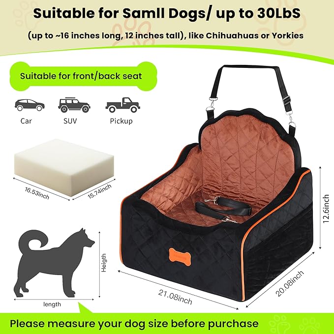 Dog Car Seat for Small Dogs Under 30lbs, Detachable Washable Pet Booster Seat with Safety Belt & Storage Pockets, Travel Car Bed, Black/Brown-PawvioPets