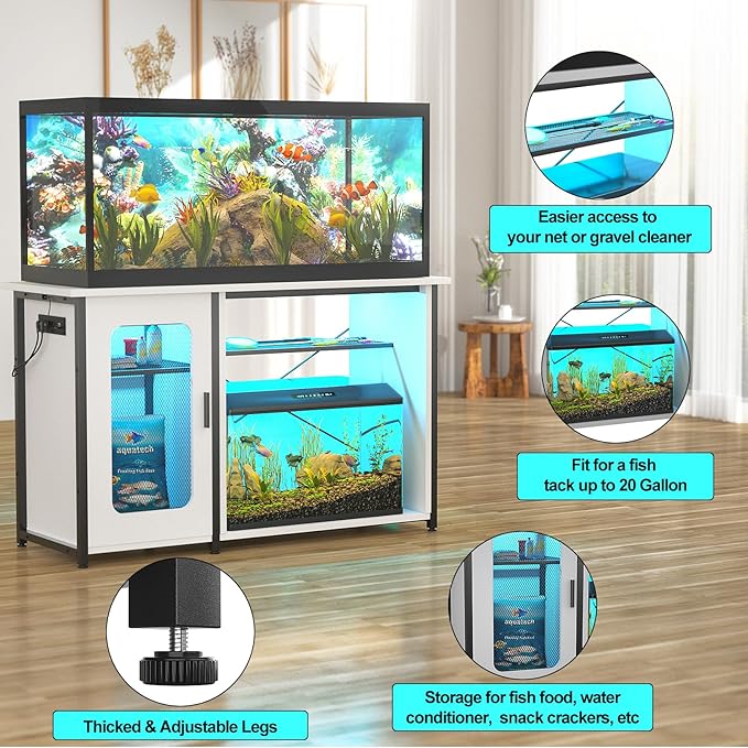 55-75 Gallon Fish Tank Stand with Power Outlets & LED Light, Reversible Heavy Duty Metal Aquarium Stand with Cabinet for Fish Tank Accessories Storage, Turtle/Reptile Terrariums, White-PawvioPets