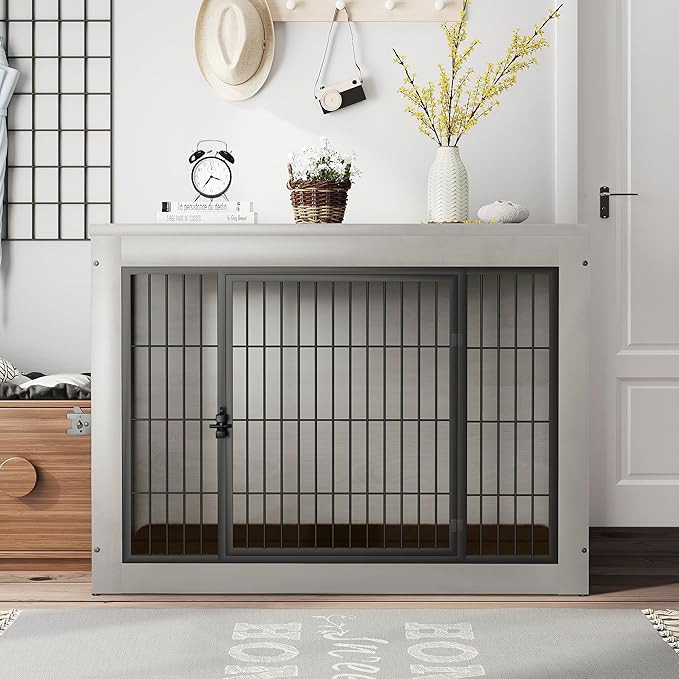 Bigrab Dog Crate Furinture with Thick Cushion, Side End Table Wooden Dog Cage with Double Doors, Chew-Resistant Dog Kennel Dog House Indoor for Small to Large Dog, L (Grey)-PawvioPets