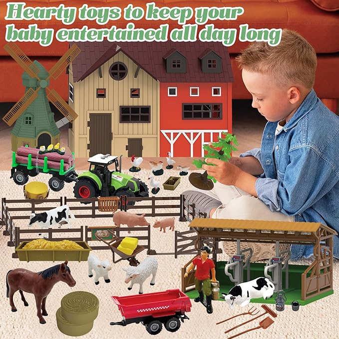 136PCS Farm Animals Toys Set Comes with Barn, Tractor Trailer, Milking shed, Windmill, Farmer, Fence - Playset for Kids Toddlers Boys Girls 5+ Years Old-PawvioPets