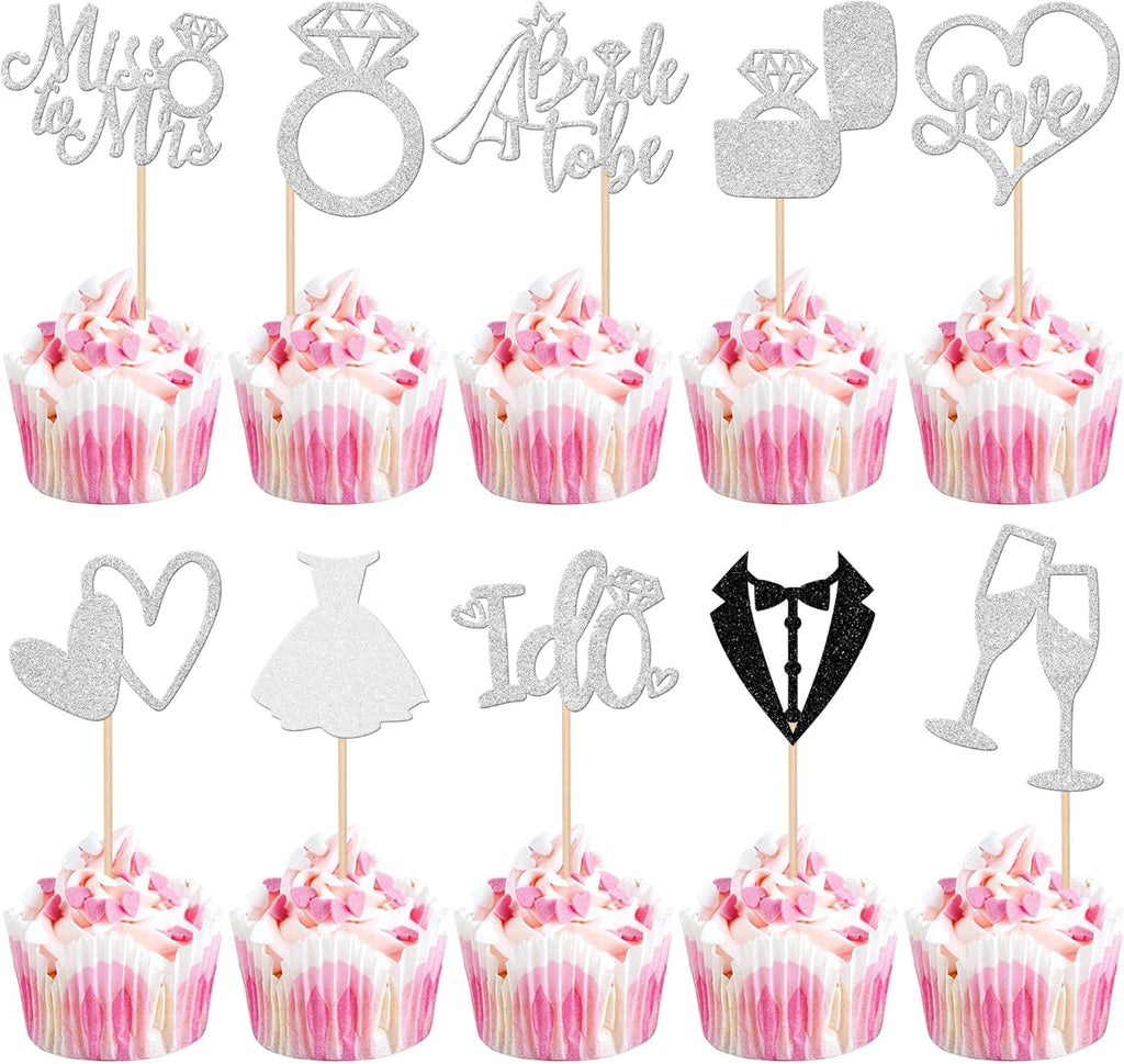 30 PCS Bride to Be Cupcake Toppers Glitter Wedding Cupcake Decorations I Do Love Heart Ring Miss to Mrs Cupcake Picks for Wedding Engagement Bridal Shower Party Cake Decorations Supplies Silver
