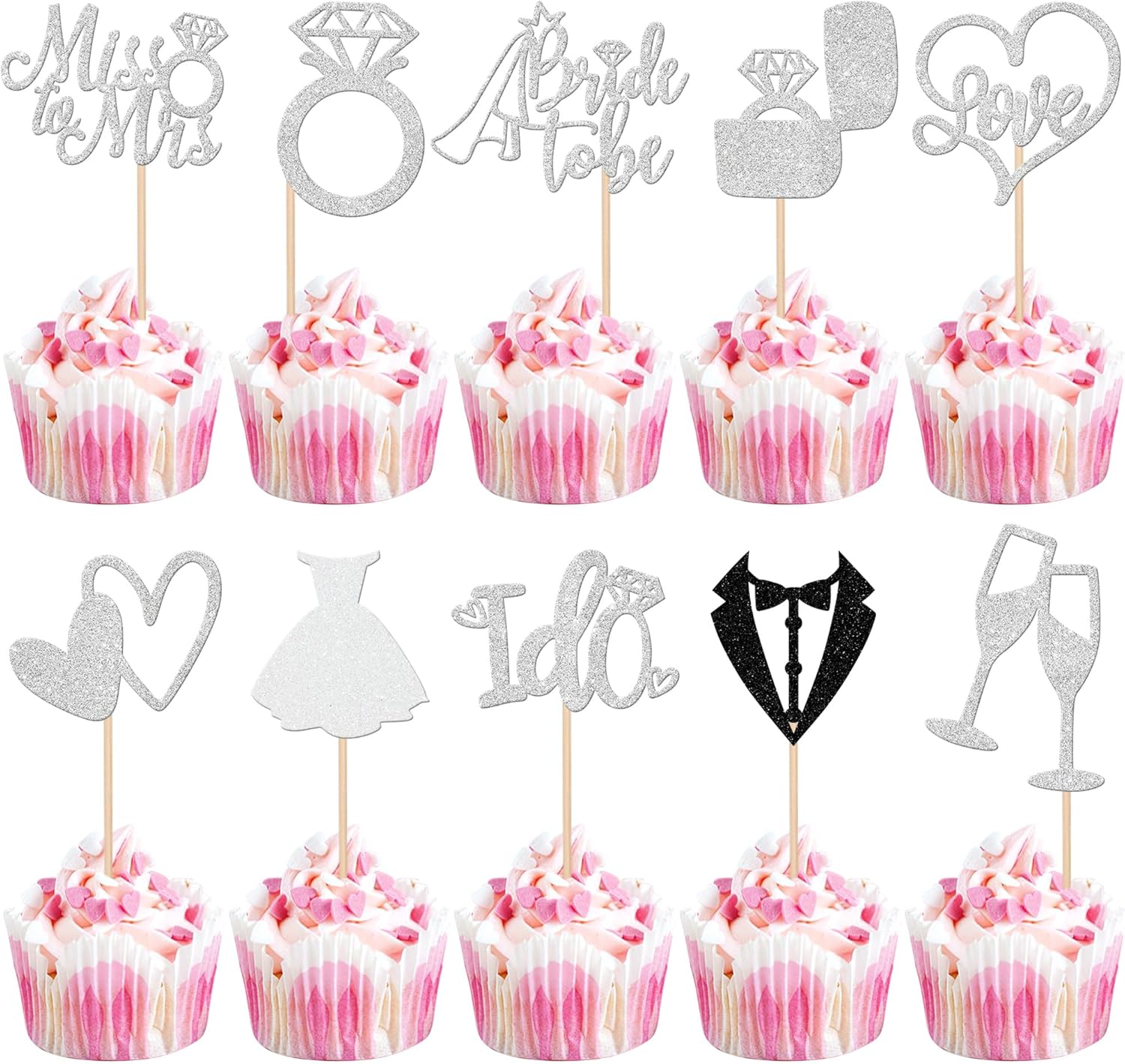 30 PCS Bride to Be Cupcake Toppers Glitter Wedding Cupcake Decorations I Do Love Heart Ring Miss to Mrs Cupcake Picks for Wedding Engagement Bridal Shower Party Cake Decorations Supplies Silver