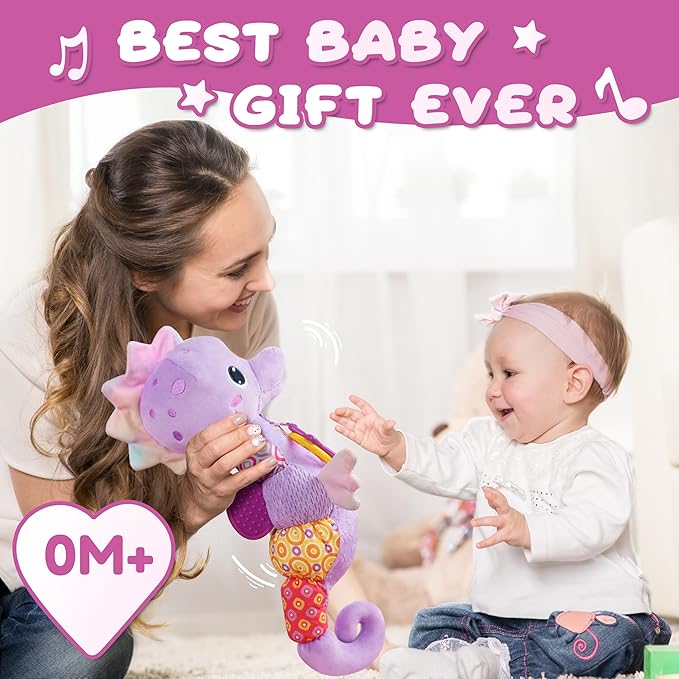 Baby Toys 0-6-12 Months,Musical Stuffed Animals Activity Soft Infant Toys with Multi-Sensory Crinkle, Rattle and Textures,Boys Newborn Baby Girl Toys, Seahorse, Purple-PawvioPets