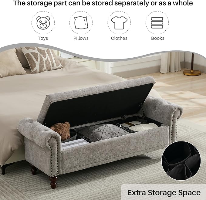 58.1'' Storage Bench Upholstered Chenille End of Bedroom Bed Bench Ottoman with Tufted Cushioned Rolled Arm Large Storage Space for Reading Living Room Entryway, Light Grey-PawvioPets