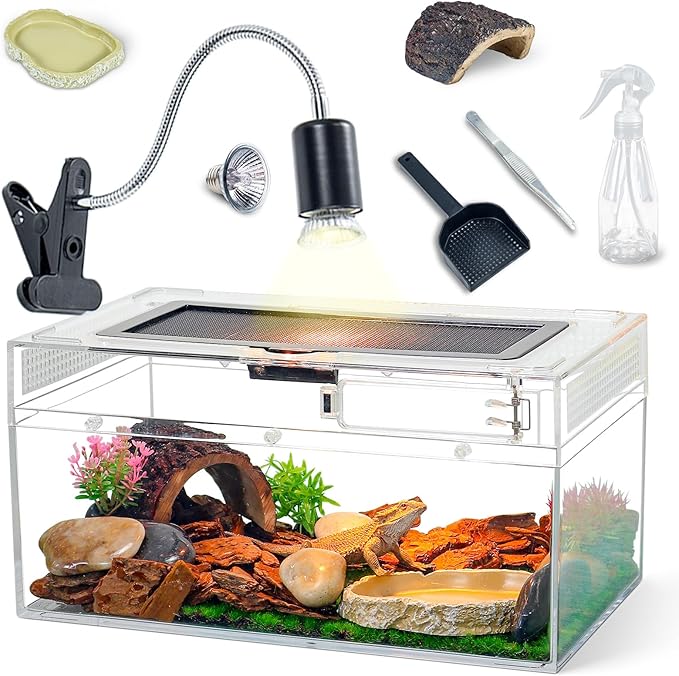 12.5''×6''×7'' Reptile Tank Kit with Heat Lamp, Spray Bottle, Shovel, Tweezers, Food Bowl, Hideout -Perfect for Geckos, Snakes, Lizards, Turtles, Jumping Spider,Milk Frog,Hermit Crabs-PawvioPets