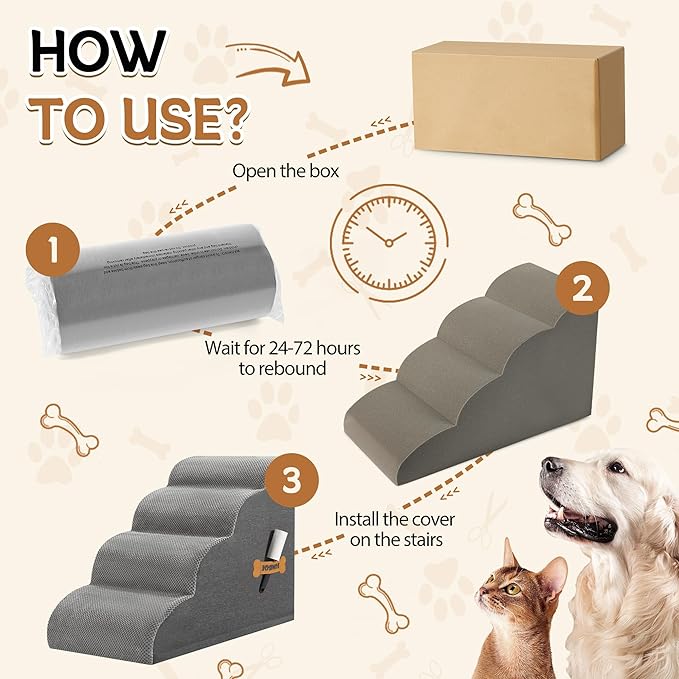 Dog Stairs, Romrol Dog Steps Ramp for High Bed and Couch, Dogs Ramp with Durable Non-Slip Waterproof Fabric Cover, Pet Stairs for Small Dogs and Cats or Pets Joints, 4-Tiers,Grey-PawvioPets