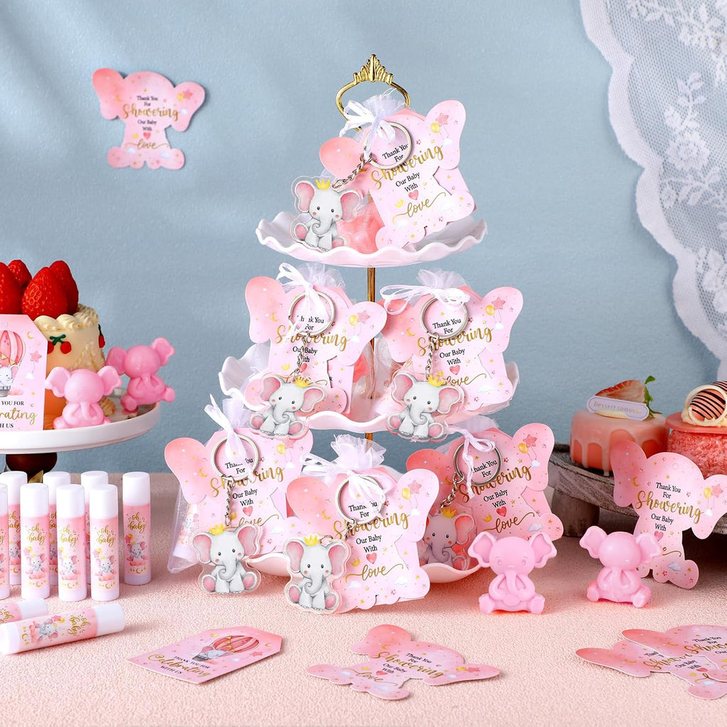 288 Baby Shower Favors Baby Shower Gifts Bulk Lip Balms Soaps Keychains Organza Bags Guest Appreciation Gift with Thank You Tags and Cards for Boys Girls Guest Gift(Pink,Elephant)