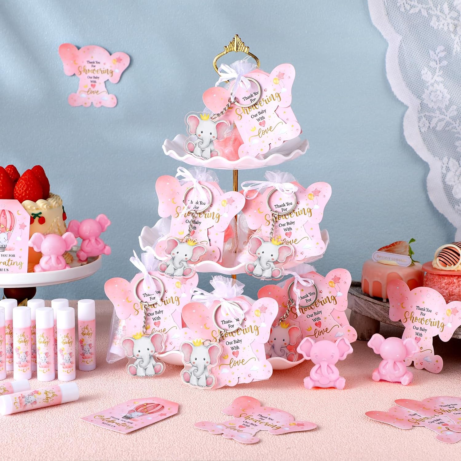 288 Baby Shower Favors Baby Shower Gifts Bulk Lip Balms Soaps Keychains Organza Bags Guest Appreciation Gift with Thank You Tags and Cards for Boys Girls Guest Gift(Pink,Elephant)