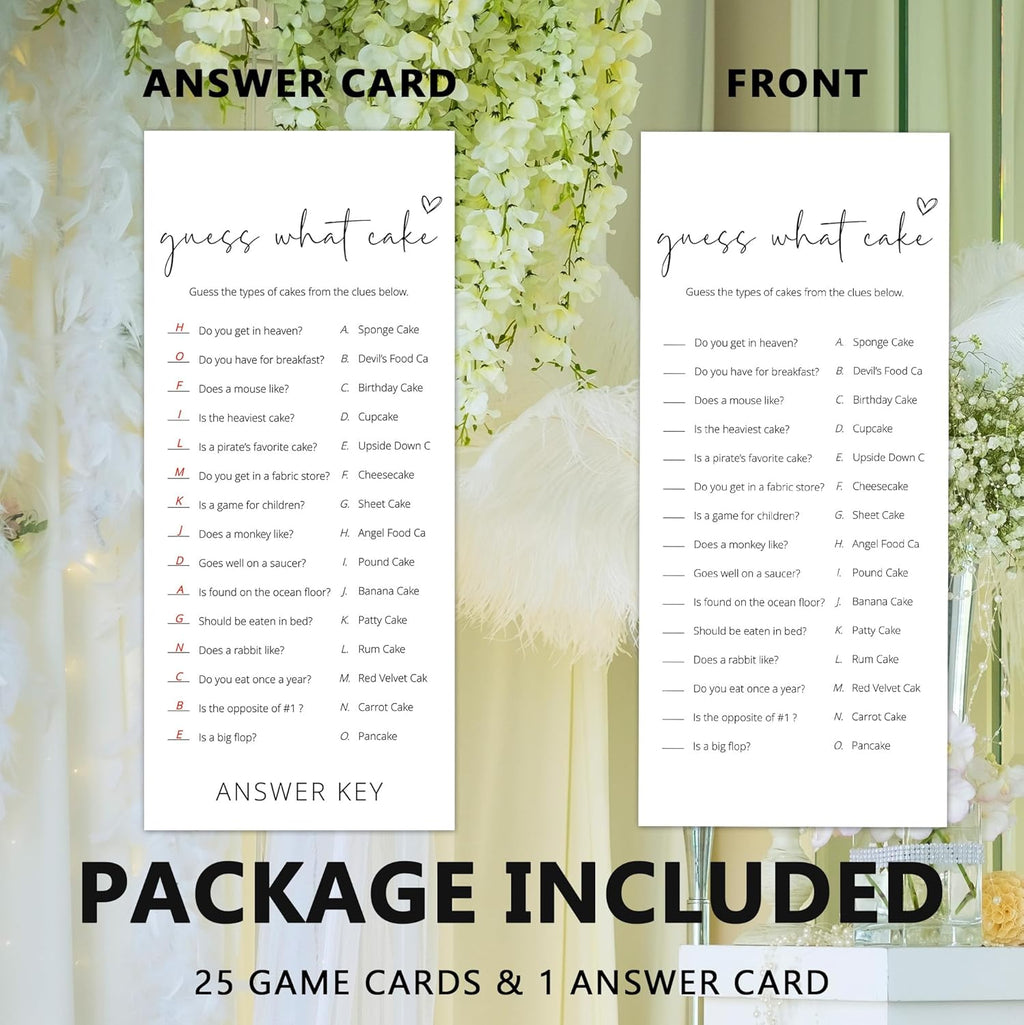 Bridal Shower Games, What Cake, 25Pcs 4x9inch Minimalist White Double-Sided Bridal Game Cards with 1 Answer Key, Wedding Shower Games for Guests, Engagement Bachelorette Party Supplies - A03