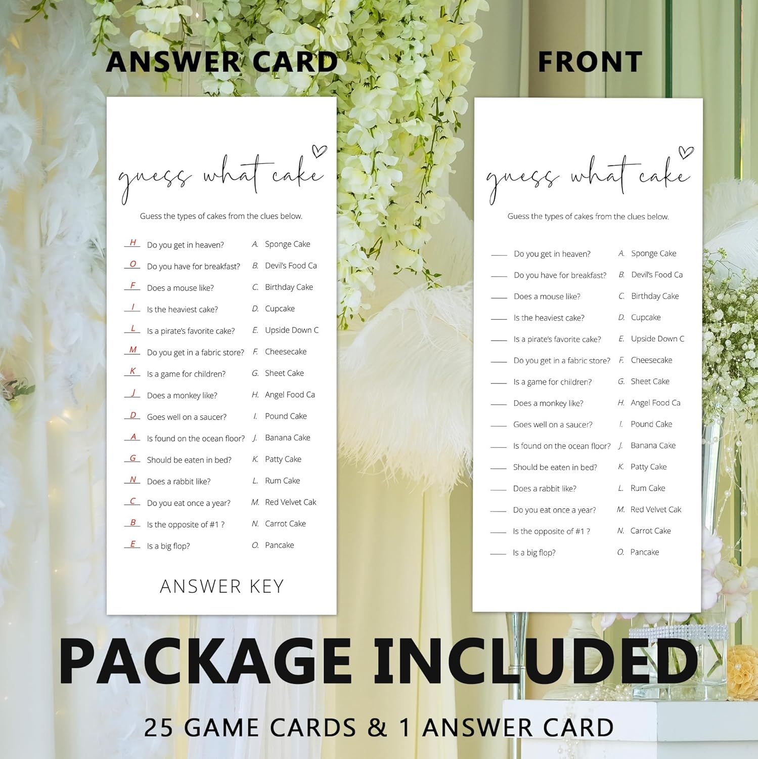 Bridal Shower Games, What Cake, 25Pcs 4x9inch Minimalist White Double-Sided Bridal Game Cards with 1 Answer Key, Wedding Shower Games for Guests, Engagement Bachelorette Party Supplies - A03