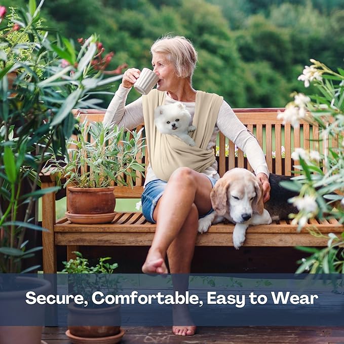 Dog Carriers for Small Dogs, Front Facing Dog Sling Carrier, Hands Free Cat Carrier, Size Adjustable, Reducing Back Pain, Premium Cotton, Safe and Soft Dog Carrier (Plus, Beige)-PawvioPets