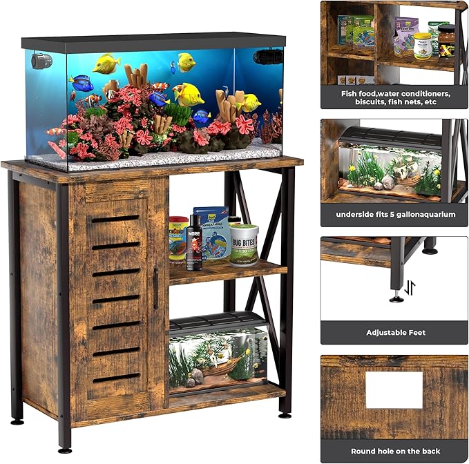 20-29 Gallon Fish Tank Stand, Aquarium Stand with Cabinet Accessories Storage, Heavy Duty Metal Frame, 31.49" L*15.74" W Tabletop, 330LBS Capacity, Rustic Brown PG07YGN-PawvioPets