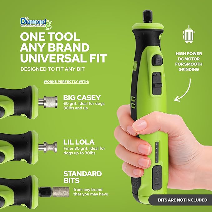 Diamondg Cordless Dog Nail Grinder with Quiet Sound & LED Tip for Large & Small Dogs, 4hrs. Runtime, 2 Bits Included, Green-PawvioPets