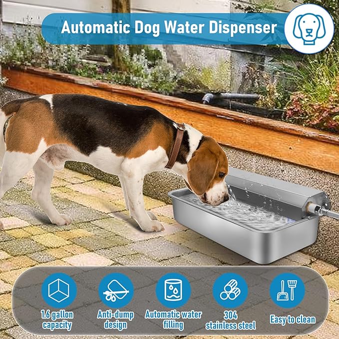 6L Automatic Dog Water Dispenser Bowl for Large Dogs, 304 Stainless Steel Wall Mounted Pet Waterer with Float Valve, Self-Filling Outdoor Water Trough for Pets/Livestock-PawvioPets