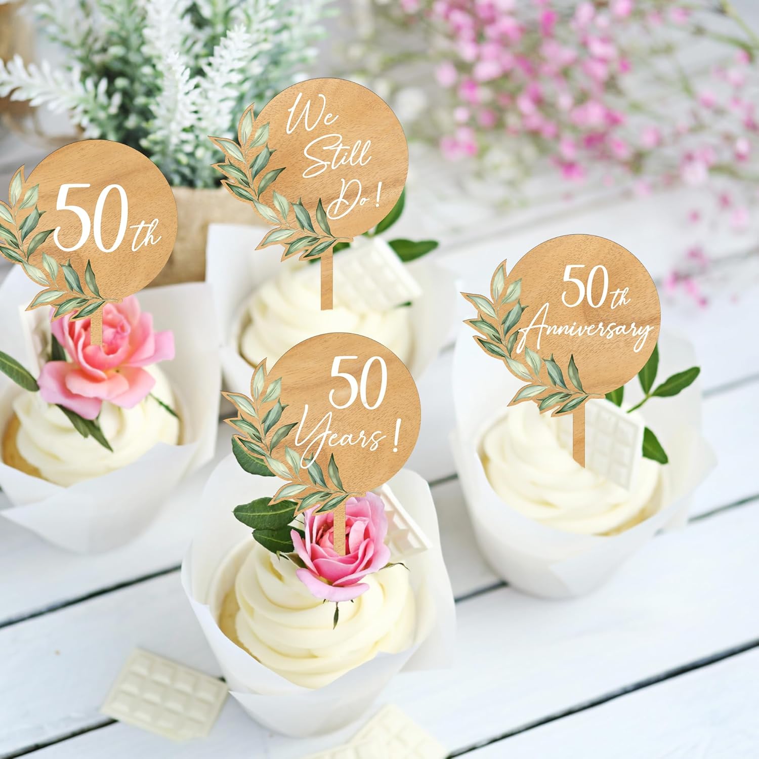 Custom Cupcake Toppers Cake Decorations in Wood for Wedding Engagement Baby Shower Birthday Party etc. (Design A / 12 PCS)