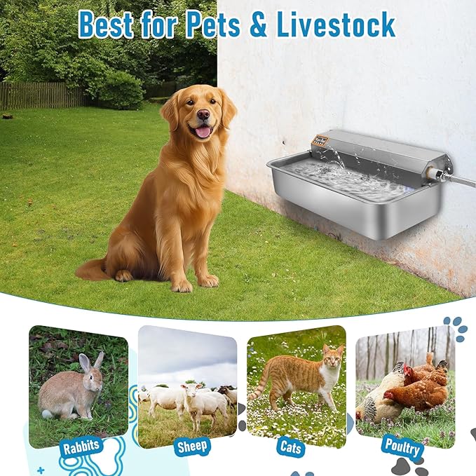 6L Automatic Dog Water Dispenser Bowl for Large Dogs, 304 Stainless Steel Wall Mounted Pet Waterer with Float Valve, Self-Filling Outdoor Water Trough for Pets/Livestock-PawvioPets