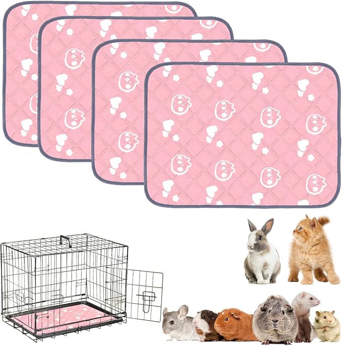 4 Pack Guinea Pig Bedding - Washable Guinea Pig Cage Liners, Waterproof Reusable & Anti Slip Pee Pads Super Absorbent Mats for Small Animals Pet Rabbit Bunny Hamster Rat (Pink, 24 x 18 Inch)-PawvioPets