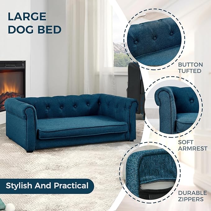 Dog Sofa Couch for Medium to Large Dogs, 31" Memory Foam Dog Couch with Washable Fabric, Removable Cushion, Sofa Bed for Medium and Large Dogs, Blue-PawvioPets