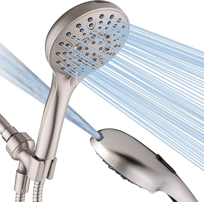 BRIGHT SHOWERS High Pressure Shower Head with Handheld, 9 Spray Settings Showerhead Built in Power Wash to Clean Tub and Pets, Extra Long 69" Hose, Adjustable Bracket, Brushed Nickel-PawvioPets