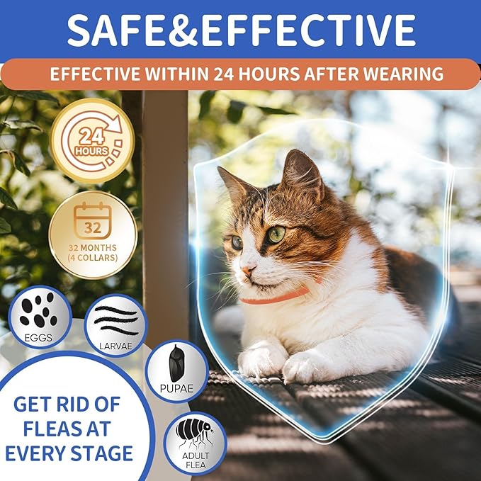 4 Pack Flea and Tick Collar for Cats, 32 Months Flea and Tick Treatment, Flea and Tick Prevention, Waterproof, Adjustable Flea and Tick Collar for Kittens, Blue & Orange-PawvioPets