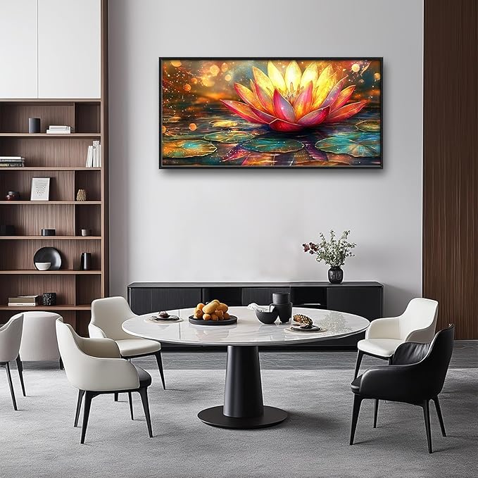 Framed Large Lotus Wall Art for Living Room, Oversized Lotus Flower Wall Decor Zen Golden Floral Canvas Painting Modern Artwork Home Decoration for Living Room Bedroom Office 60"x30"-PawvioPets