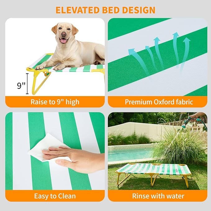 Dog Elevated Bed Foldable Portable Raised Bed Camping cot Outdoor Summer Dog Bed (Large, GreenStripes-Oxford Fabric)-PawvioPets