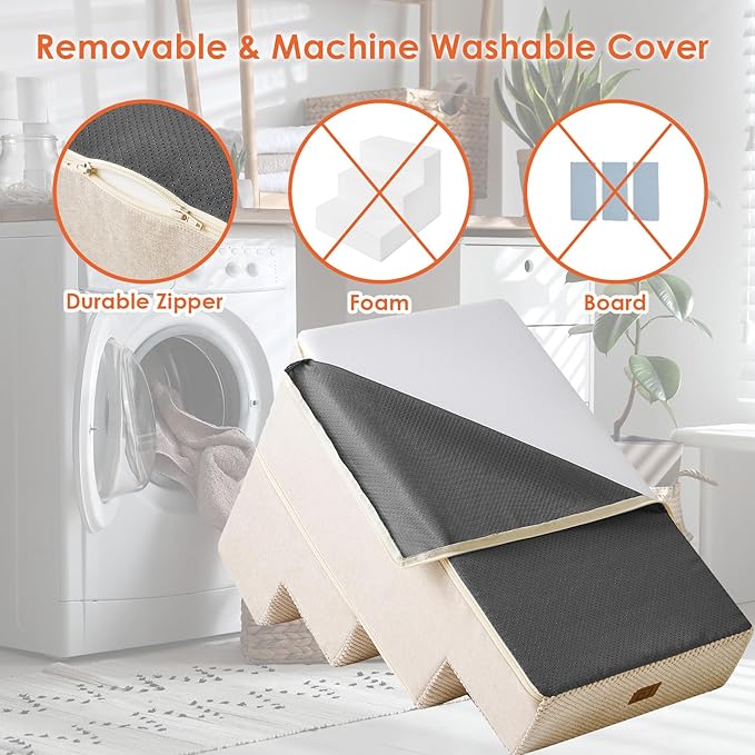 EHEYCIGA Dog Stairs for High Bed 25" H, 5-Step Extra Wide Dog Steps for Bed, Pet Steps for Small Dogs and Cats, Non-Slip Balanced Pet Ramp Indoor, Beige-PawvioPets