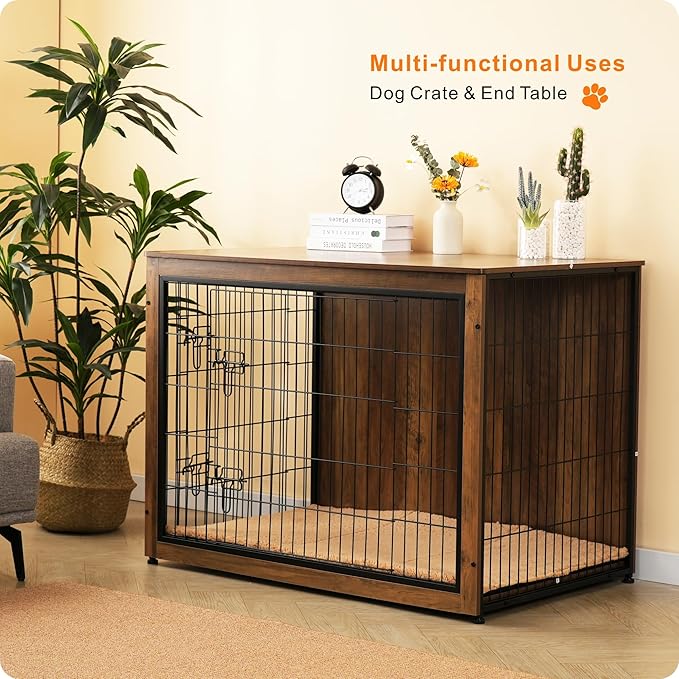 DWANTON Dog Crate Furniture with Cushion, Wooden Kennel Table with Double Doors, Indoor Dog House, Extra Large, 43.3" L, Warm Brown-PawvioPets