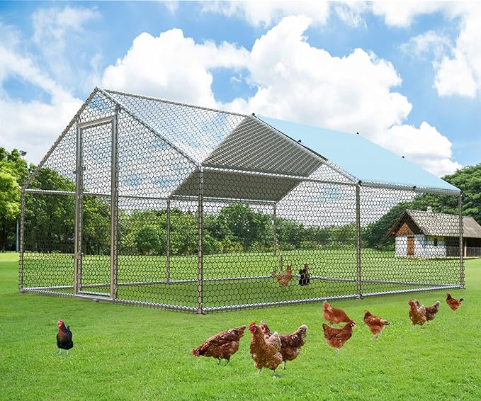1.26'' Large Metal Chicken Coop Run Walk in, Chicken Runs for Yard with Cover, Chicken Pens Outdoor, Spire Roofed Outside Dog Kennel with Roof (9.8’Lx13.1’Wx6.4’H)-PawvioPets