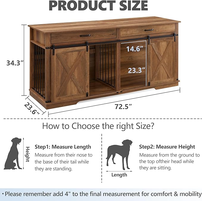 72.5" Extra Large Furniture Style Double Dog Crates for Large Breeds, XXL Wooden Dog Kennel Furniture with Drawers, Divider, Water Resistant & Barn Door for 2 Dogs, Rustic Oak-PawvioPets