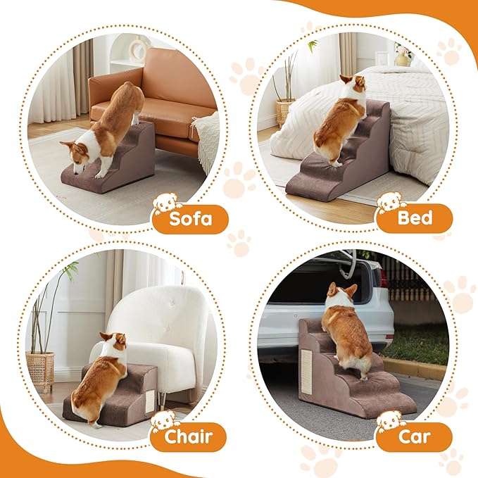 Dogs Steps for Bed, Dog Stairs for Small Dogs, 4-Step Dog Ramp for Bed, Couch, Sofa, and Chairs, Non-Slip Bottom Design, Cat Scratching, High Density Foam Portable Pet Step, Indoor, Coffee-PawvioPets