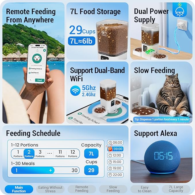 Automatic Cat Feeders 2 Cat with Slow Feed: Dual Automatic Dog Feeder with 5G WiFi, cat Food Dispenser with Alexa for Multiple Pets, Detachable for Easy Clean - 29 Cup（7L Large Capacity）-PawvioPets