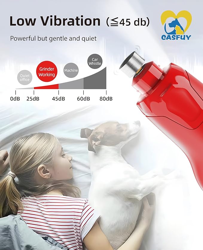 Casfuy Dog Nail Grinder Quiet - (45db) 6-Speed Pet Nail Grinder with 2 LED Lights for Large Medium Small Dogs/Cats, Professional 3 Ports Rechargeable Electric Dog Nail Trimmer with Dust Cap(Red)-PawvioPets