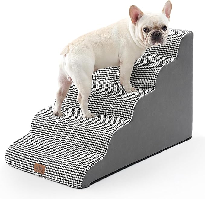 Extra Wide Dog Stairs 19.7" Width, Large Pet Step for Small Medium Dog, Puppy or Cat, Ramp for High Bed or Car, High Density Foam Ladder, Stable, 5 Step, 19.7x33x22.4 inch, White Black-PawvioPets