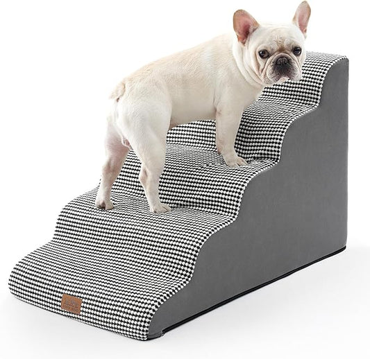Extra Wide Dog Stairs 19.7" Width, Large Pet Step for Small Medium Dog, Puppy or Cat, Ramp for High Bed or Car, High Density Foam Ladder, Stable, 5 Step, 19.7x33x22.4 inch, White Black-PawvioPets