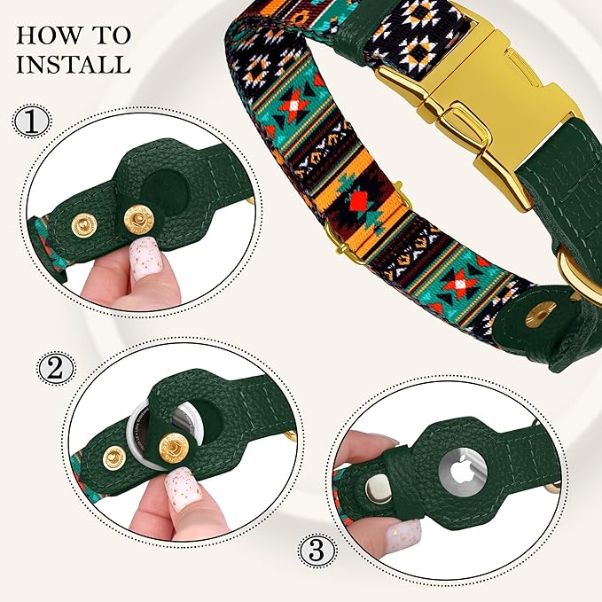 AirTag Dog Collar for Small Medium Large Breed - Adjustable Cute Pattern Dog Collar with Airtag Holder - Soft Leather Tracker GPS Apple Air Tag Pet Collars (X-Large, 20"-25" Neck Fit, Tribal)-PawvioPets