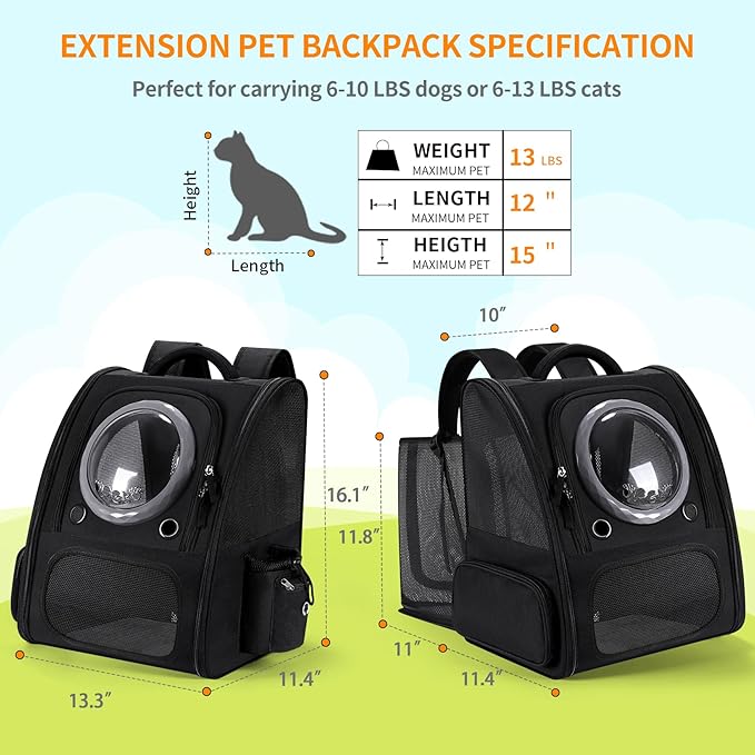 Expandable Pet Carrier Backpack with Transparent Bubble Window, Gray Mesh Travel Bag, Portable Space Capsule Design with Foldable Dogs Carrier for Pets (Black)-PawvioPets