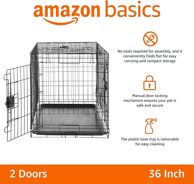 Amazon Basics Durable, Foldable Metal Wire Dog Crate with Tray, Double Door, 36 x 23 x 25 in, Black-PawvioPets